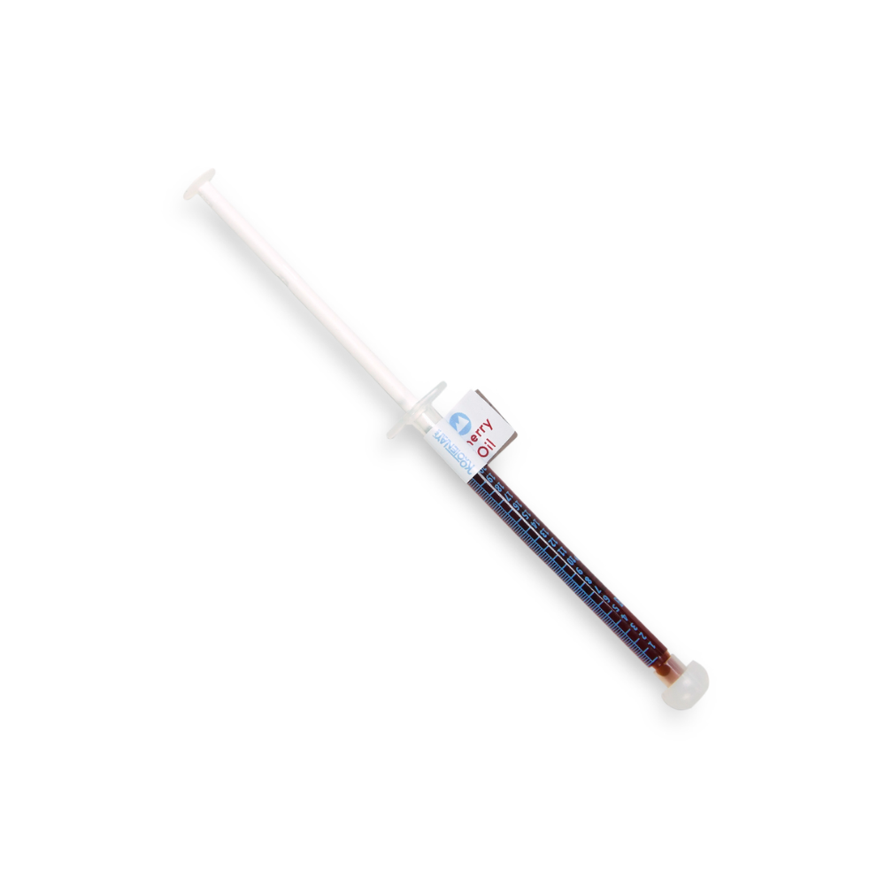An image of a 1 gram syringe of Sativa Cherry Oil on a white background