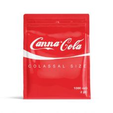 Red Canna Cola 1000mg THC edible packaging with a classic cola-inspired design and bold white lettering that reads “Colossal Size"