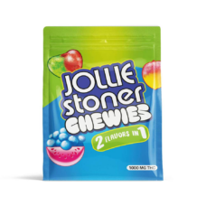 Vibrant green and blue Jollie Stoner Chewies 1000mg THC edible bag featuring candy fruit graphics and “2 flavours in 1” label