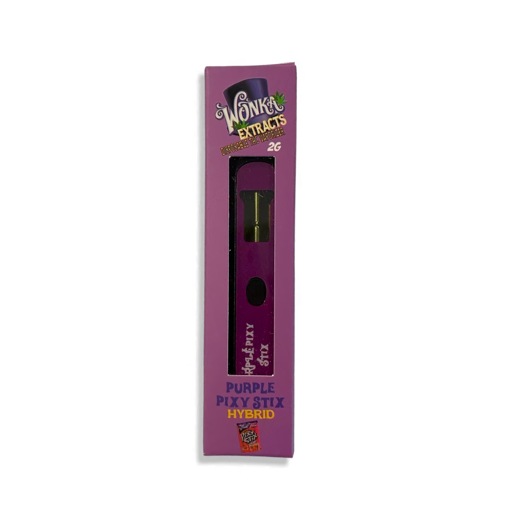 Wonka Extracts Purple Pixy Stix Hybrid Vape Pen 2g – purple disposable THC vaporizer with live resin blend, packaged in a matching purple box