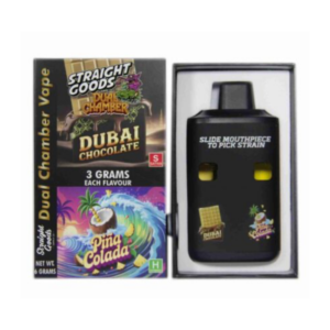 Straight Goods 6g Dual Chamber Vape with packaging – open box shown with lid beside it, displaying the vape pen and branded Dubai Chocolate x Pina Colada packaging on a white background